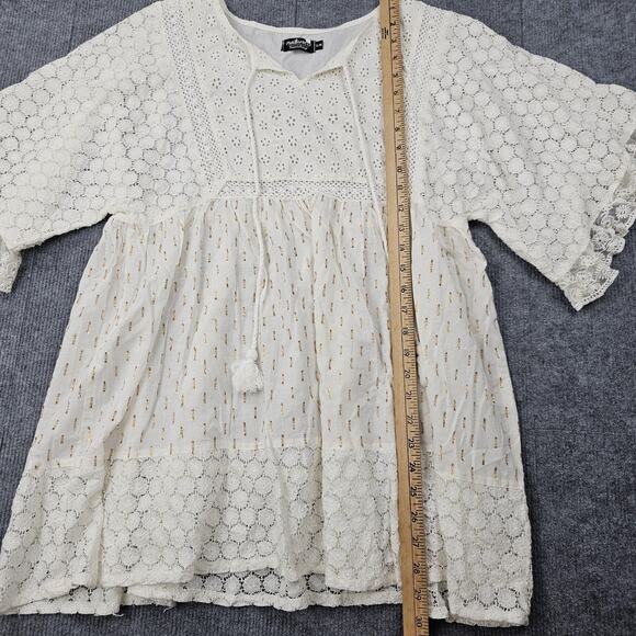 Natura Blouse Womens Small Boho Eyelet Lace Tunic Cotton Relaxed Coastal Beach - Picture 3 of 6